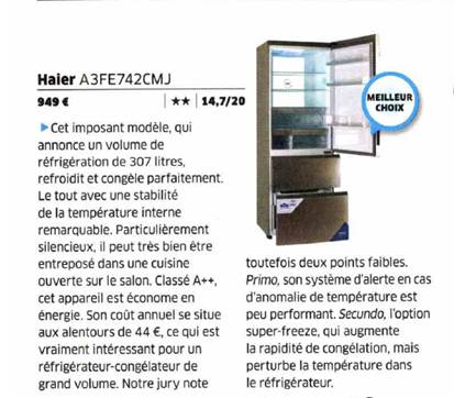 海尔冰箱获法国“最佳选择产品奖”